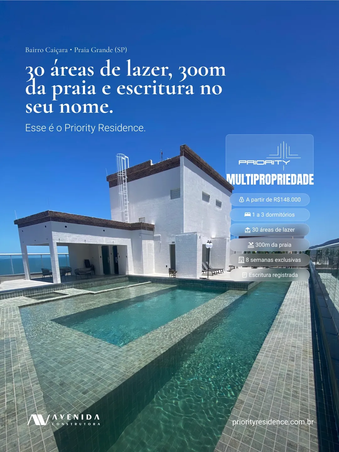 Criativo com a piscina do Priority Residence e os destaques do empreendimento em Praia Grande