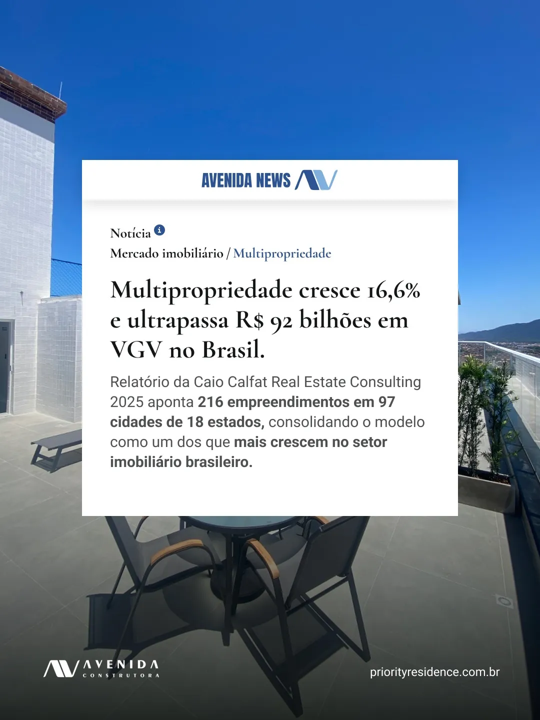 Criativo com notícia sobre o crescimento da multipropriedade no mercado imobiliário brasileiro