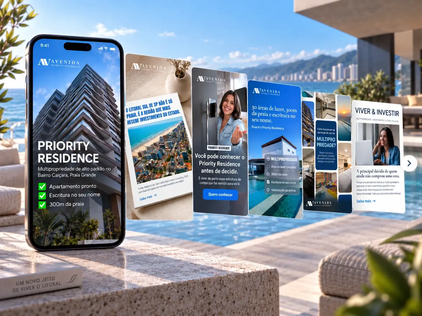 Conjunto de criativos do Priority Residence sobre o empreendimento e a multipropriedade