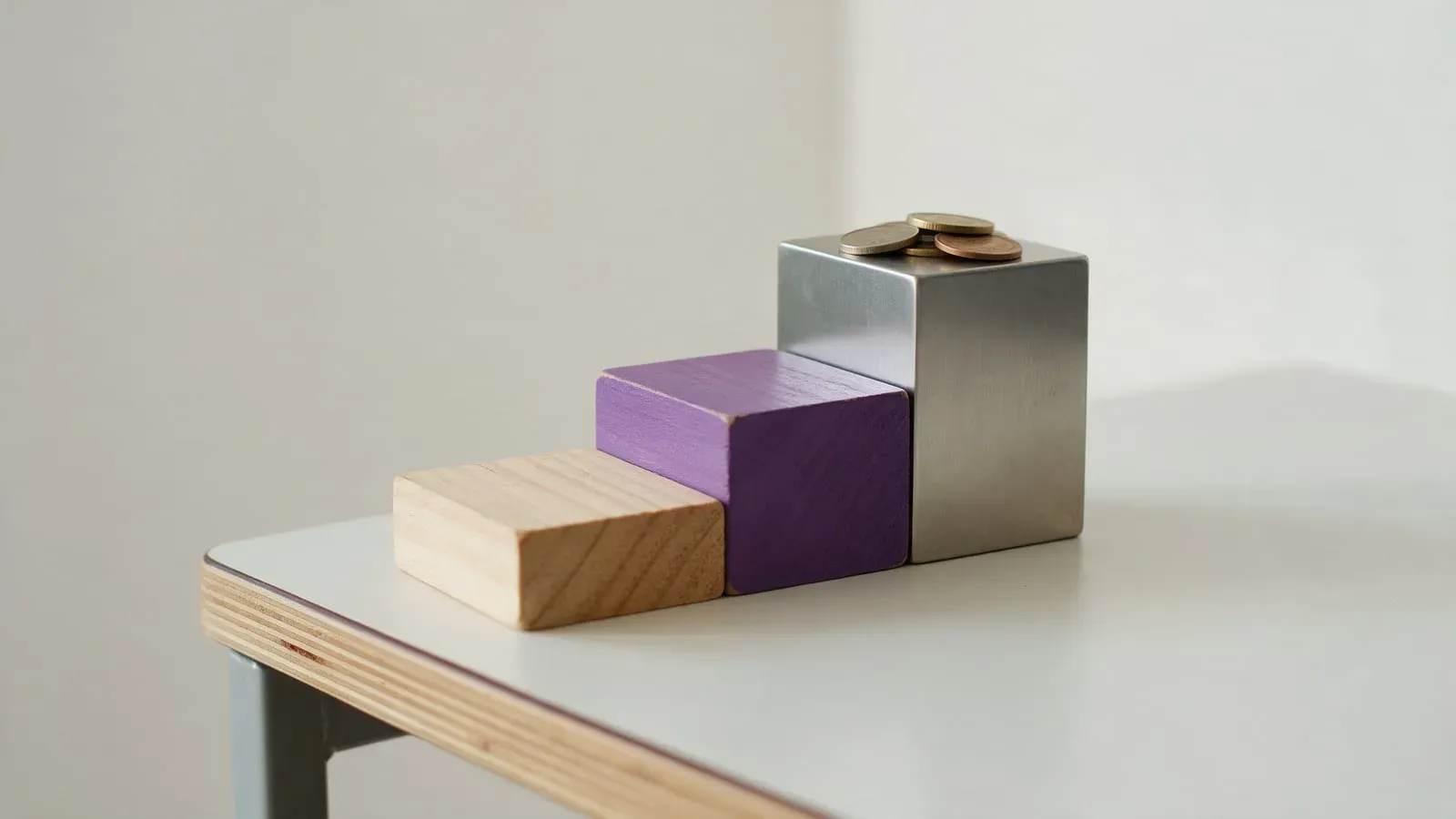 Escada de três blocos, de madeira, roxo e metal, com moedas no topo: a ordem que reduz o custo de aquisição de cliente