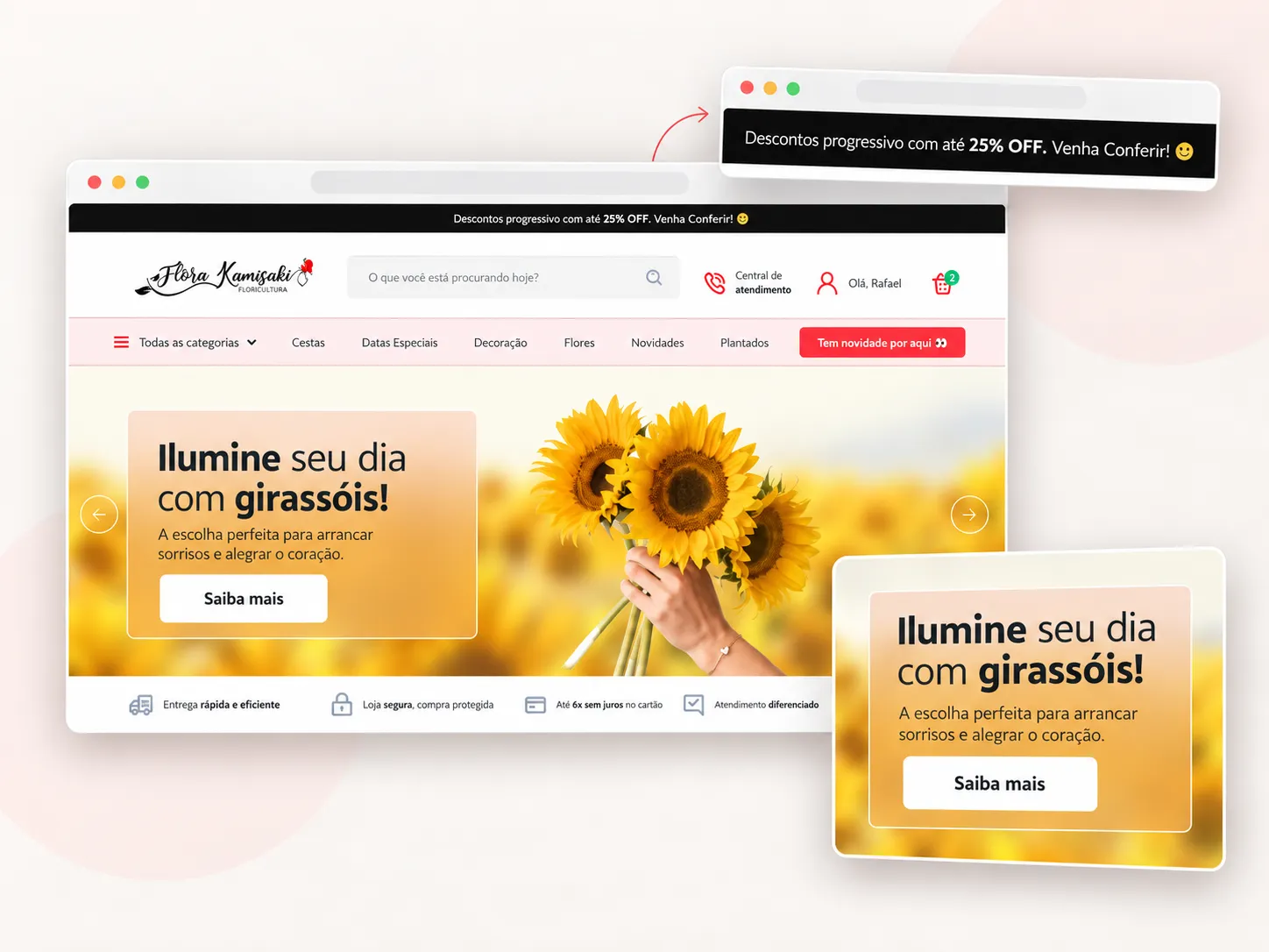 Loja Flora Kamisaki com destaque para promoção progressiva