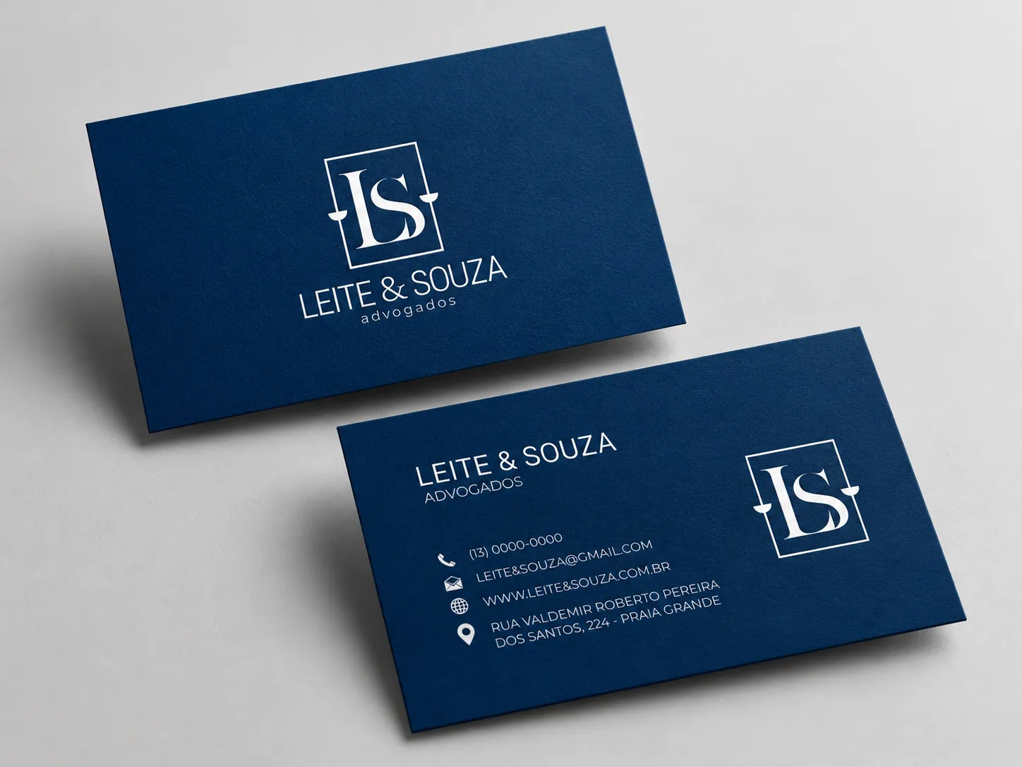 Cartões de visita do escritório Leite & Souza Advocacia com a identidade nova