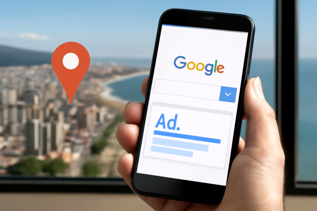 Campanha de tráfego pago em Praia Grande sendo exibida no celular de um cliente local